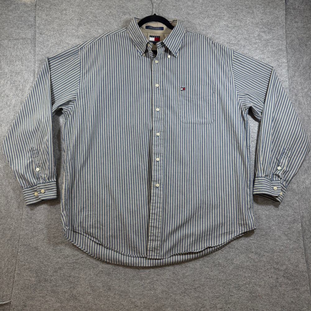 Vintage Tommy Hilfiger Button Down Shirt Mens XL Navy White Olive Striped Cotton